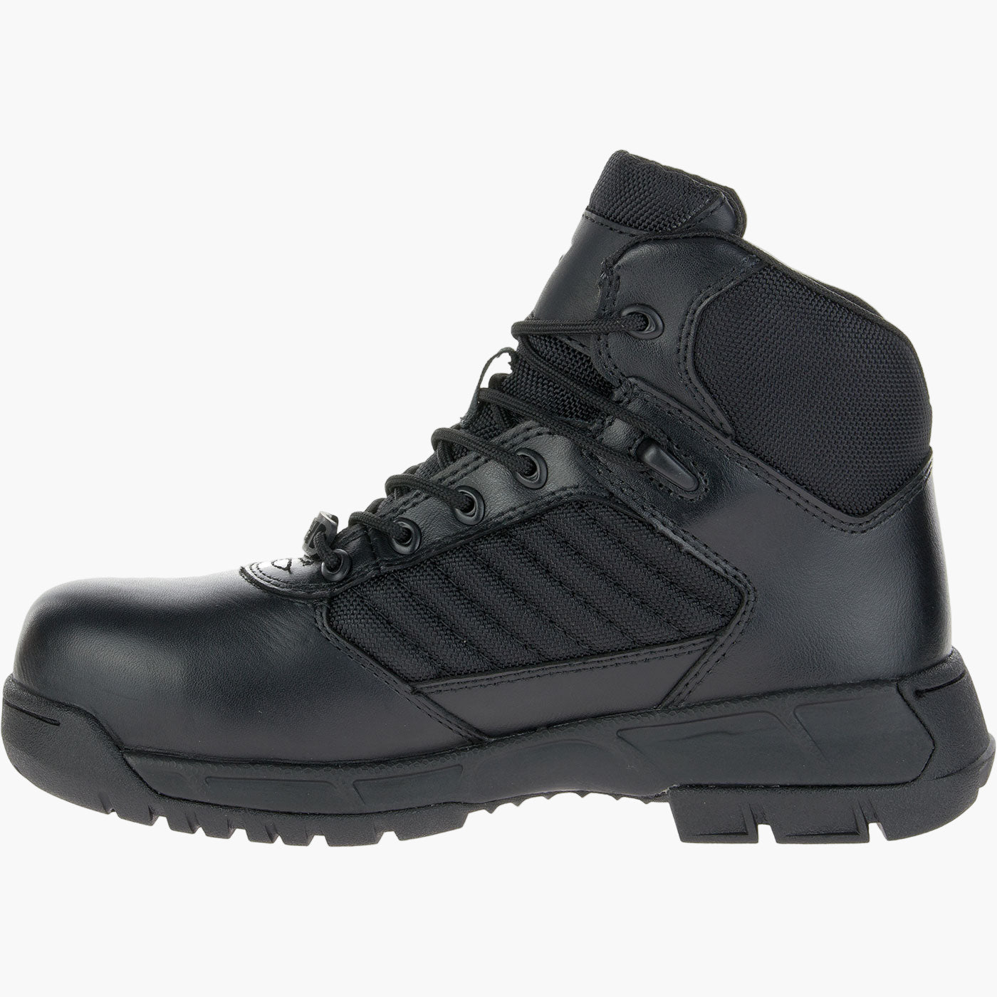 Black high-top boot on a white background