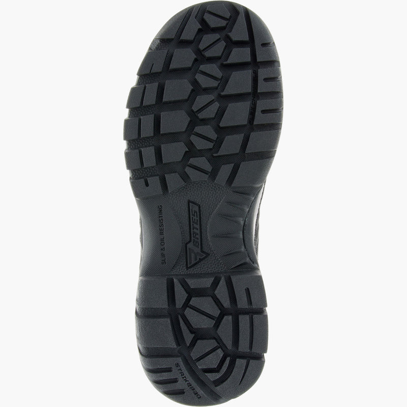Close-up of a black shoe sole with tread pattern on a white background