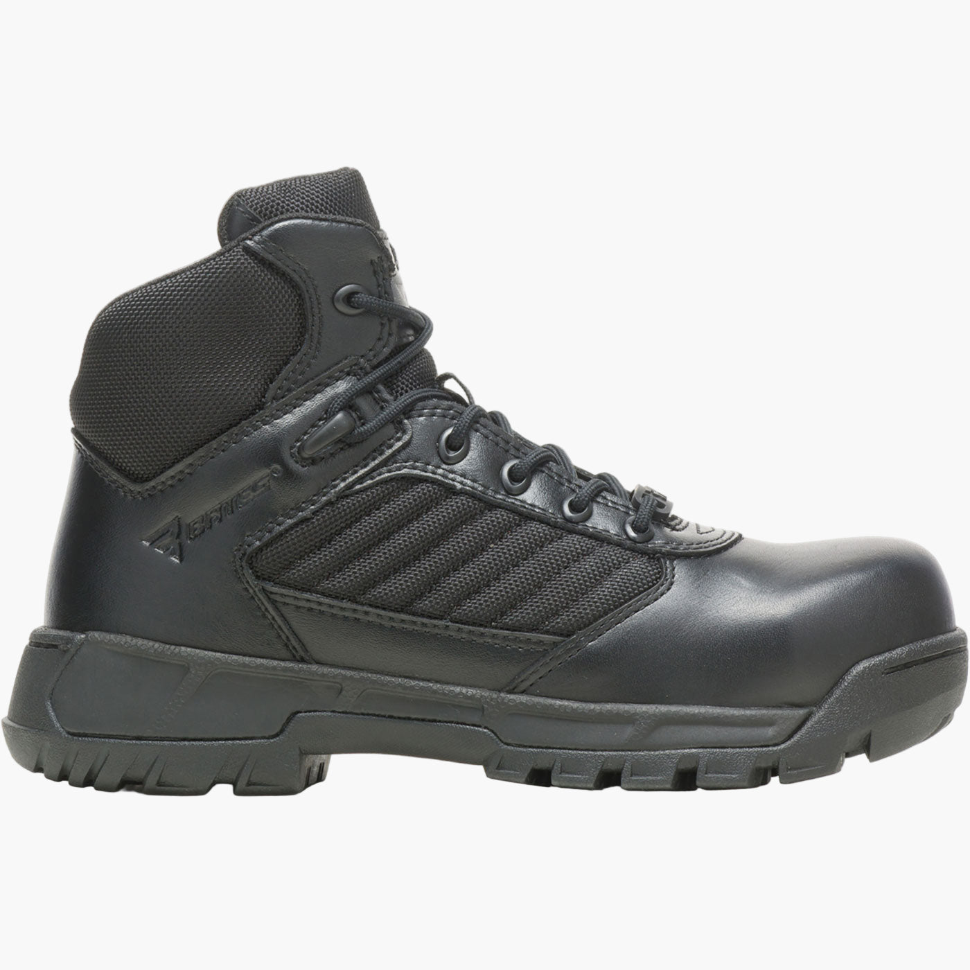 Black high-top boot with a rugged sole on a white background
