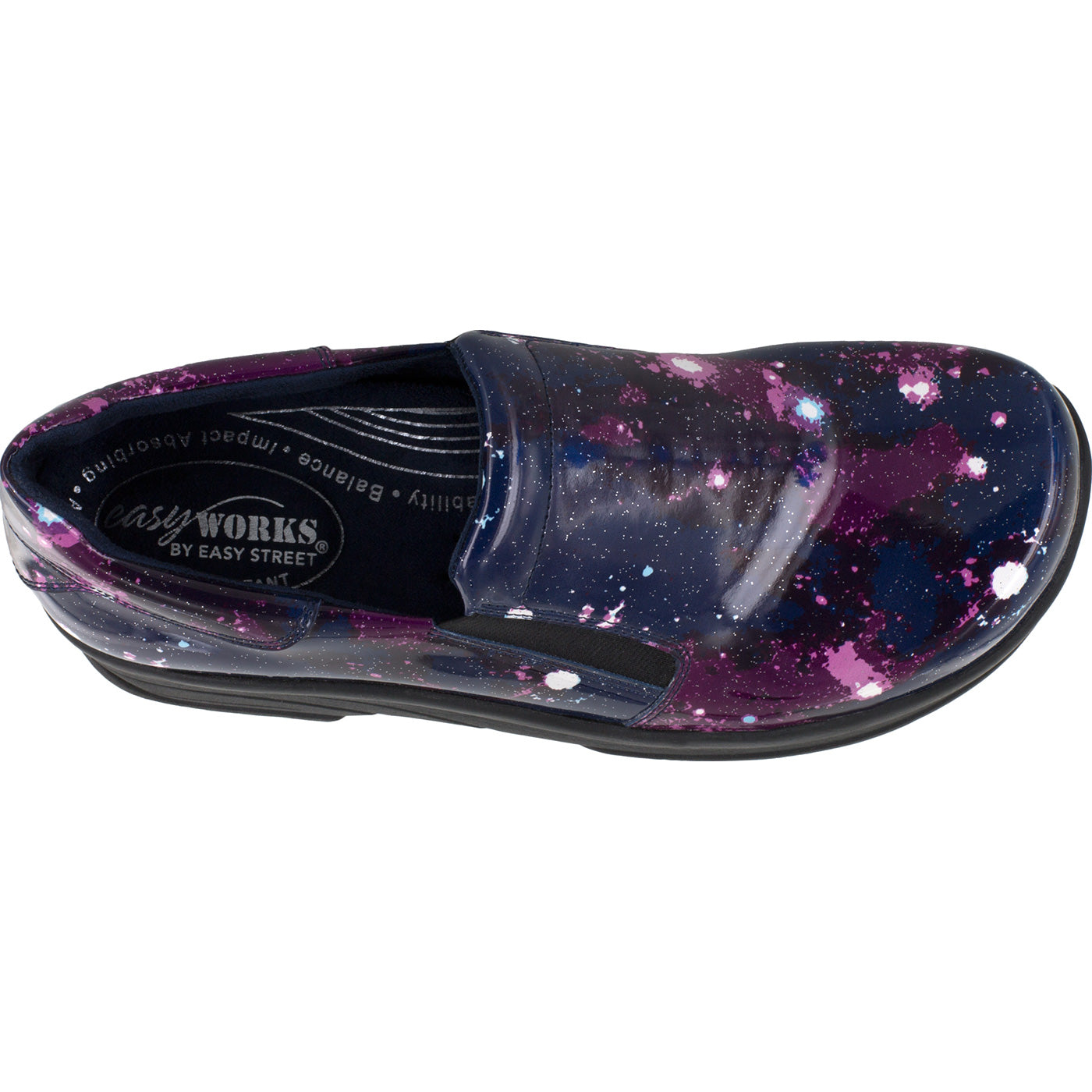Easy WORKS by Easy Street Appreciate Purple Celestial Women's Slip-Resistant Patent Slip-on Shoe - birdseye
