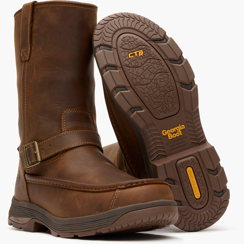 Brown leather boot with a close-up of the sole displaying 'Georgia Boot' branding on a white background.