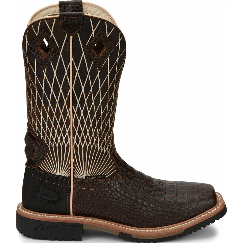 Justin Work Hybred® Derrickman Croc Print Men's Composite Toe Electrical Hazard Pull-on Western Work Boots - profile