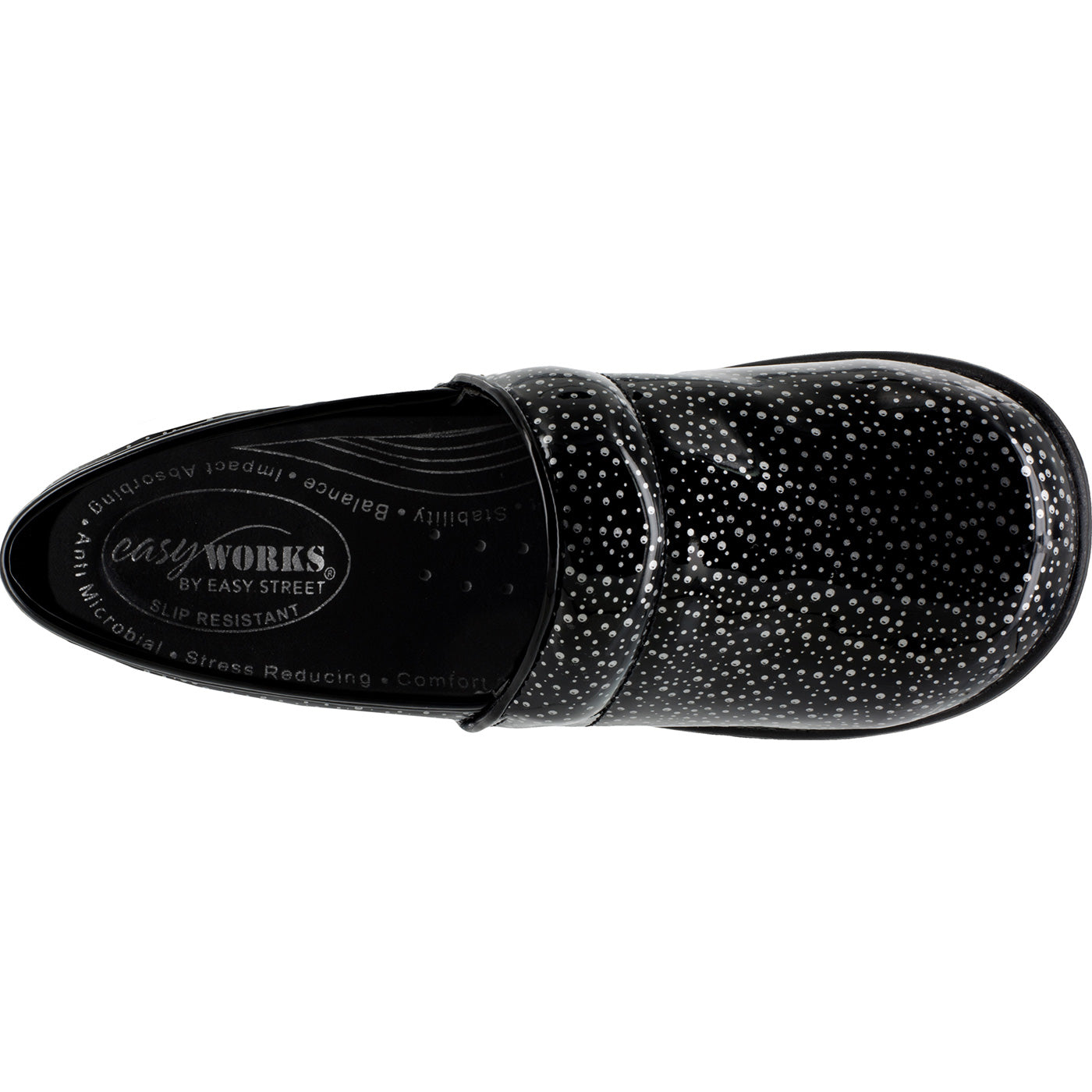 Easy WORKS by Easy Street Lyndee Black Raindrops Women's Slip-Resistant Patent Slip-On Work Shoe - birdseye