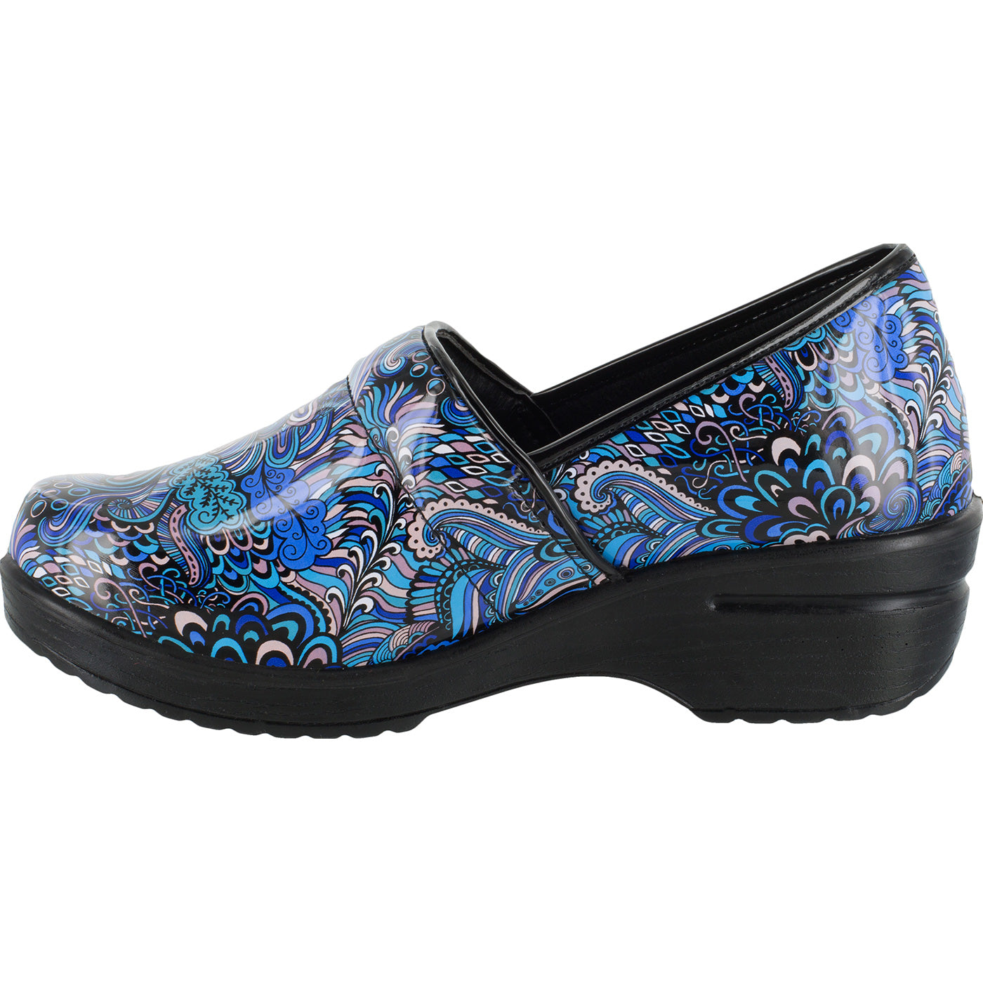Easy WORKS by Easy Street Lyndee Blue Pop Women's Slip-Resistant Patent Slip-On Work Shoe - profile