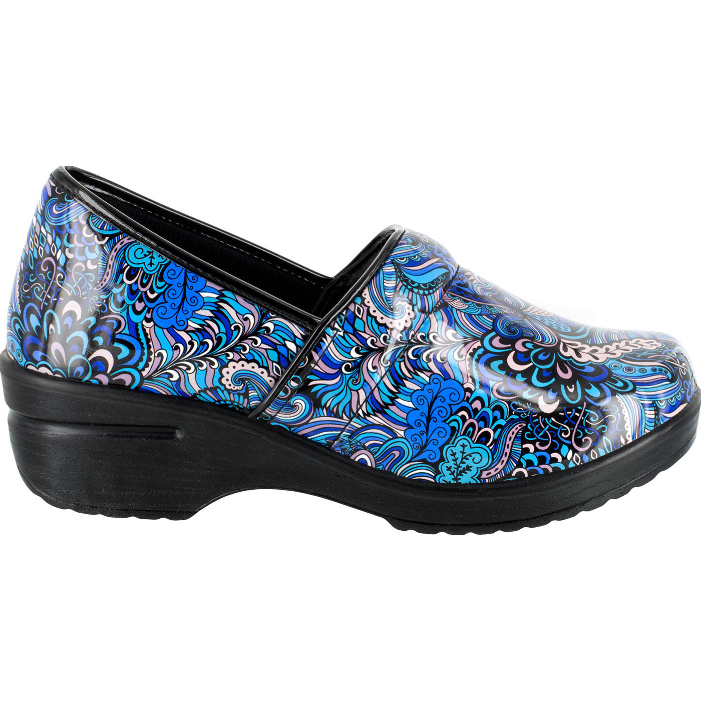 Easy WORKS by Easy Street Lyndee Blue Pop Women's Slip-Resistant Patent Slip-On Work Shoe - profile