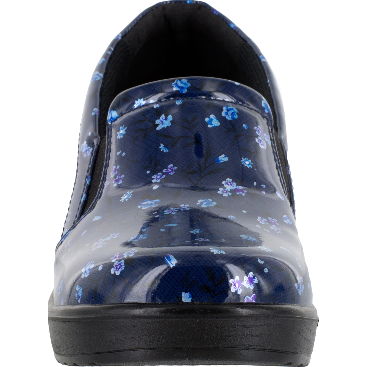 Easy WORKS by Easy Street Leeza Navy Floral Women's Slip-Resistant Patent Slip-on Work Shoe - front