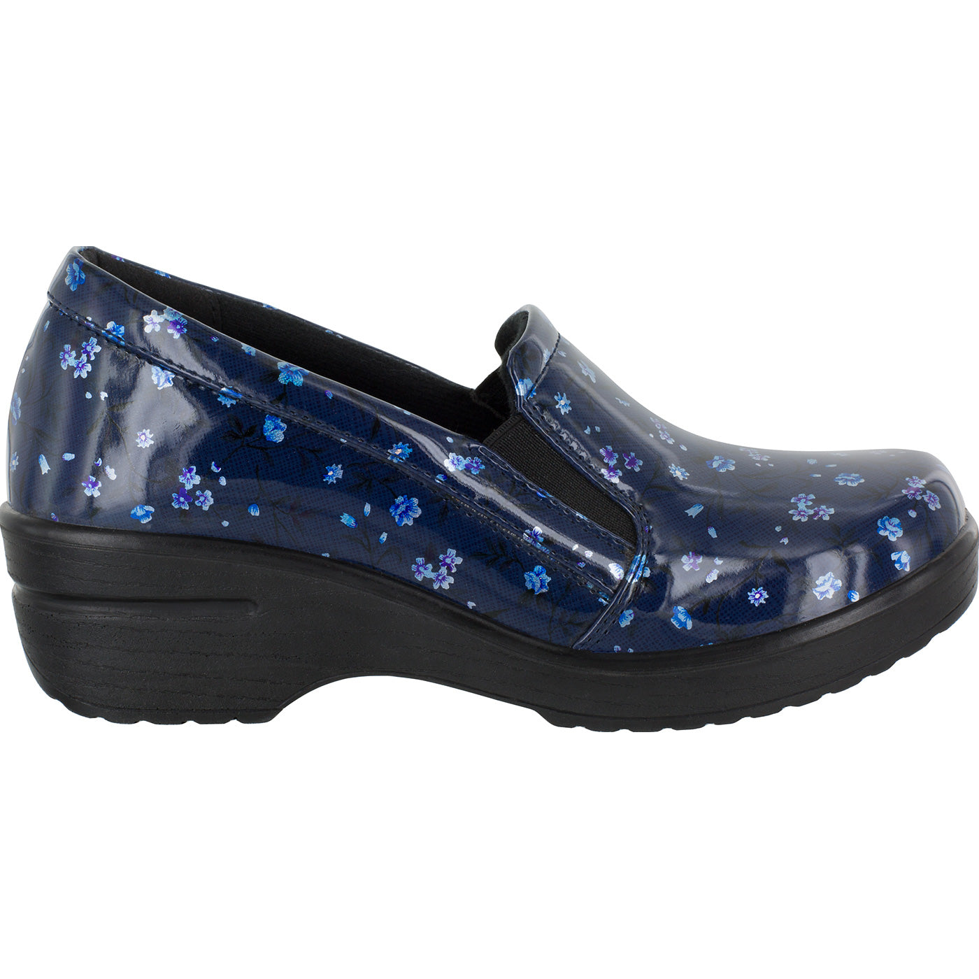 Easy WORKS by Easy Street Leeza Navy Floral Women's Slip-Resistant Patent Slip-on Work Shoe - profile